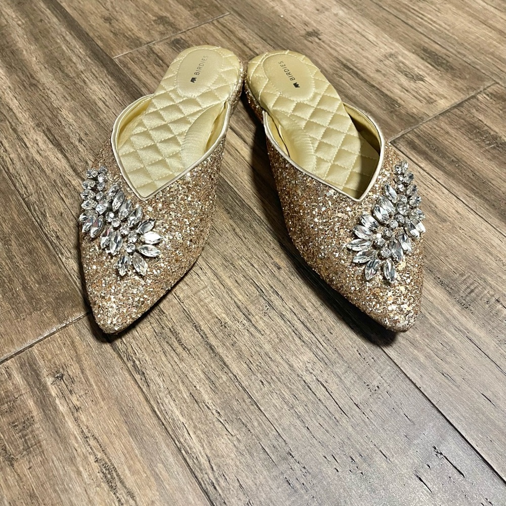 Birdies Gold Colored Crystal Embellished Mules